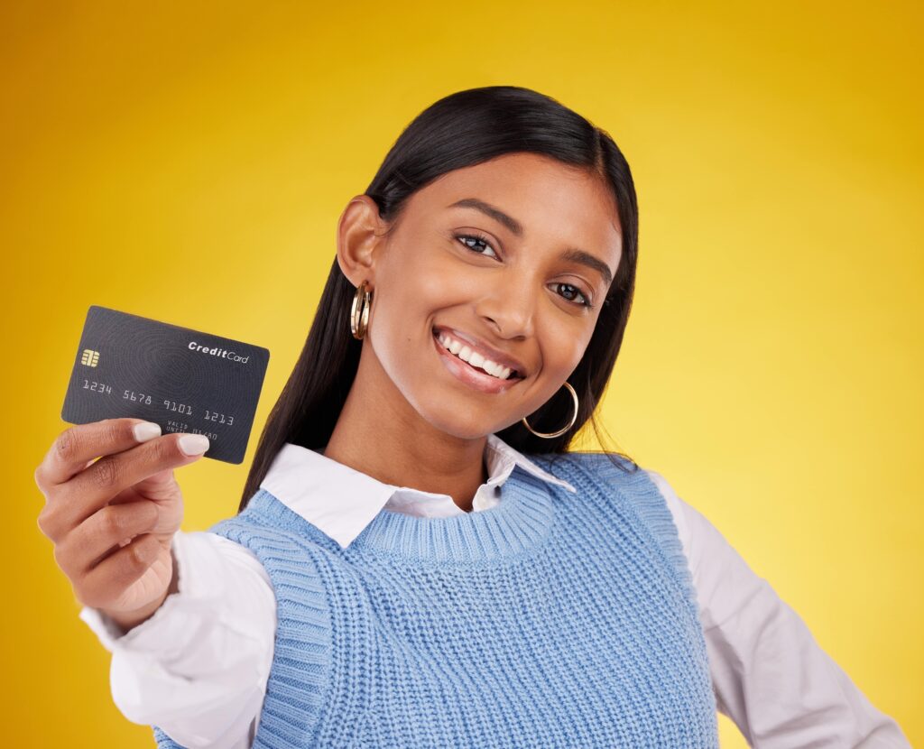credit card portrait and indian woman on yellow b 2023 11 27 05 04 14 utc min